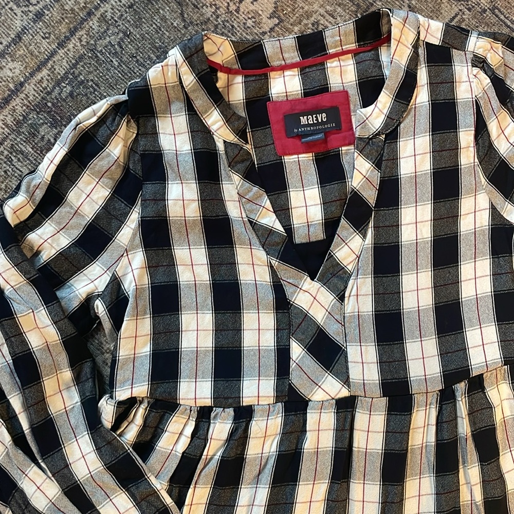 Anthropologie Maeve Amber Plaid Tiered Tunic Mini Dress Black White Women’s XS - Picture 4 of 5